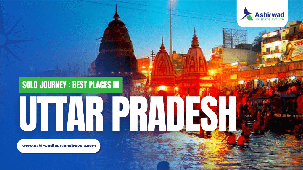 Illuminated ghats by a river with temples and people, promoting the best places for a solo journey in Uttar Pradesh.