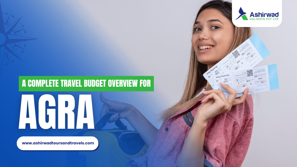 Smiling woman holding travel tickets with a suitcase in the background, promoting a complete travel budget overview for Agra.