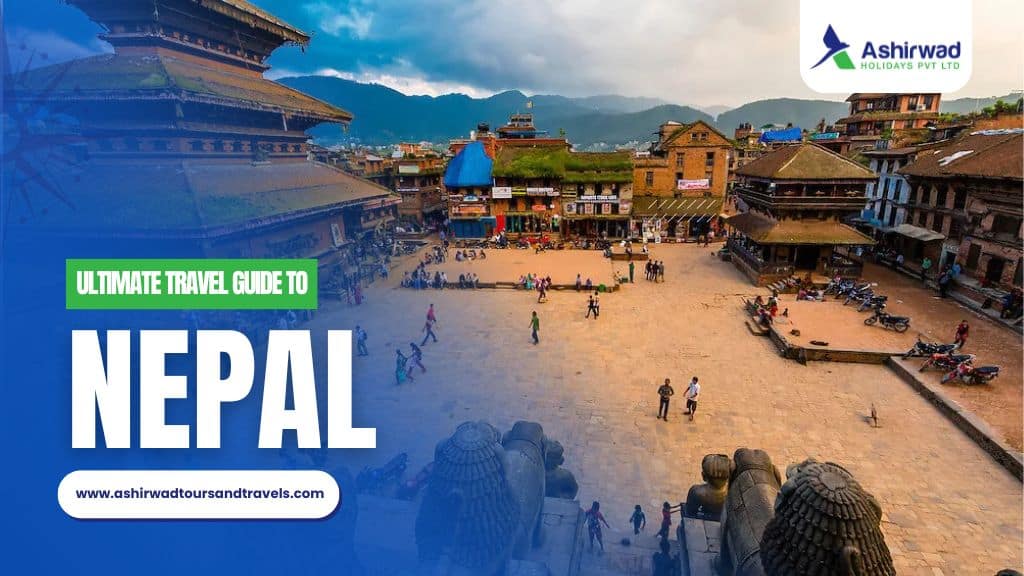 Vibrant view of a bustling square in Nepal surrounded by traditional architecture and scenic mountain views.