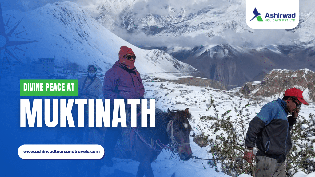 Visitors riding a horse in the snowy landscape of Muktinath.