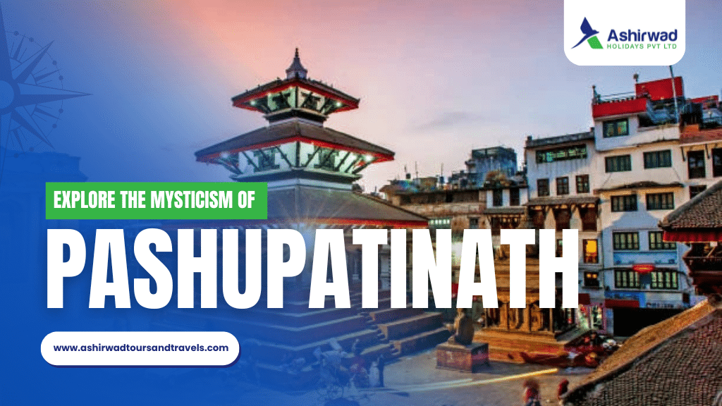 Iconic Pashupatinath temple complex with traditional architecture and a vibrant sky, promoting exploration of its mysticism by Ashirwad Holidays Pvt. Ltd.