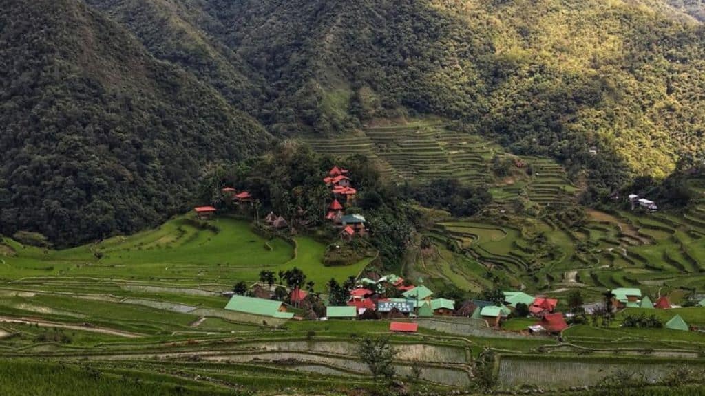 Scenic view of a terraced hillside village.