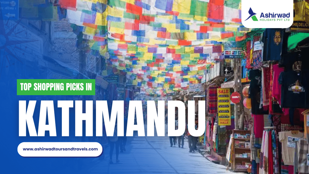 Kathmandu street market scene with colorful prayer flags overhead, promoting top shopping picks.