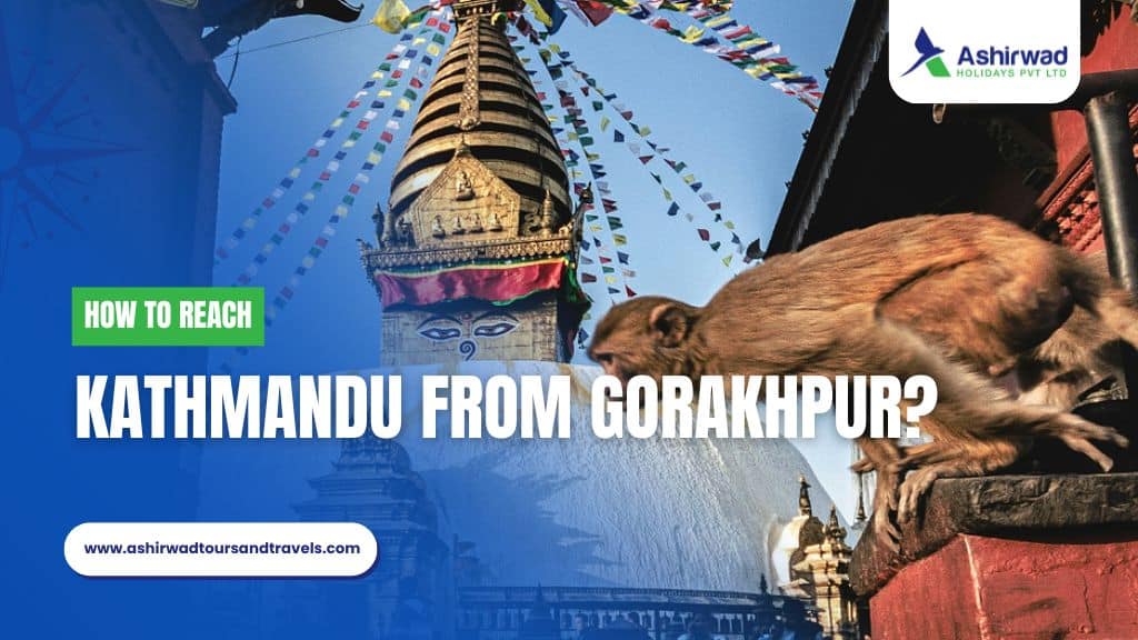 Monkey near a stupa with "How to Reach Kathmandu from Gorakhpur?" text.