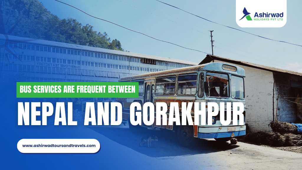Bus parked at a station offering services between Nepal and Gorakhpur.
