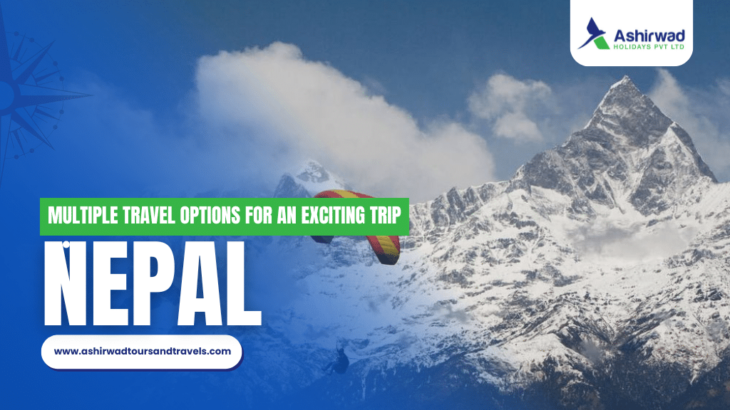 Paragliding adventure in front of snowy mountains in Nepal.